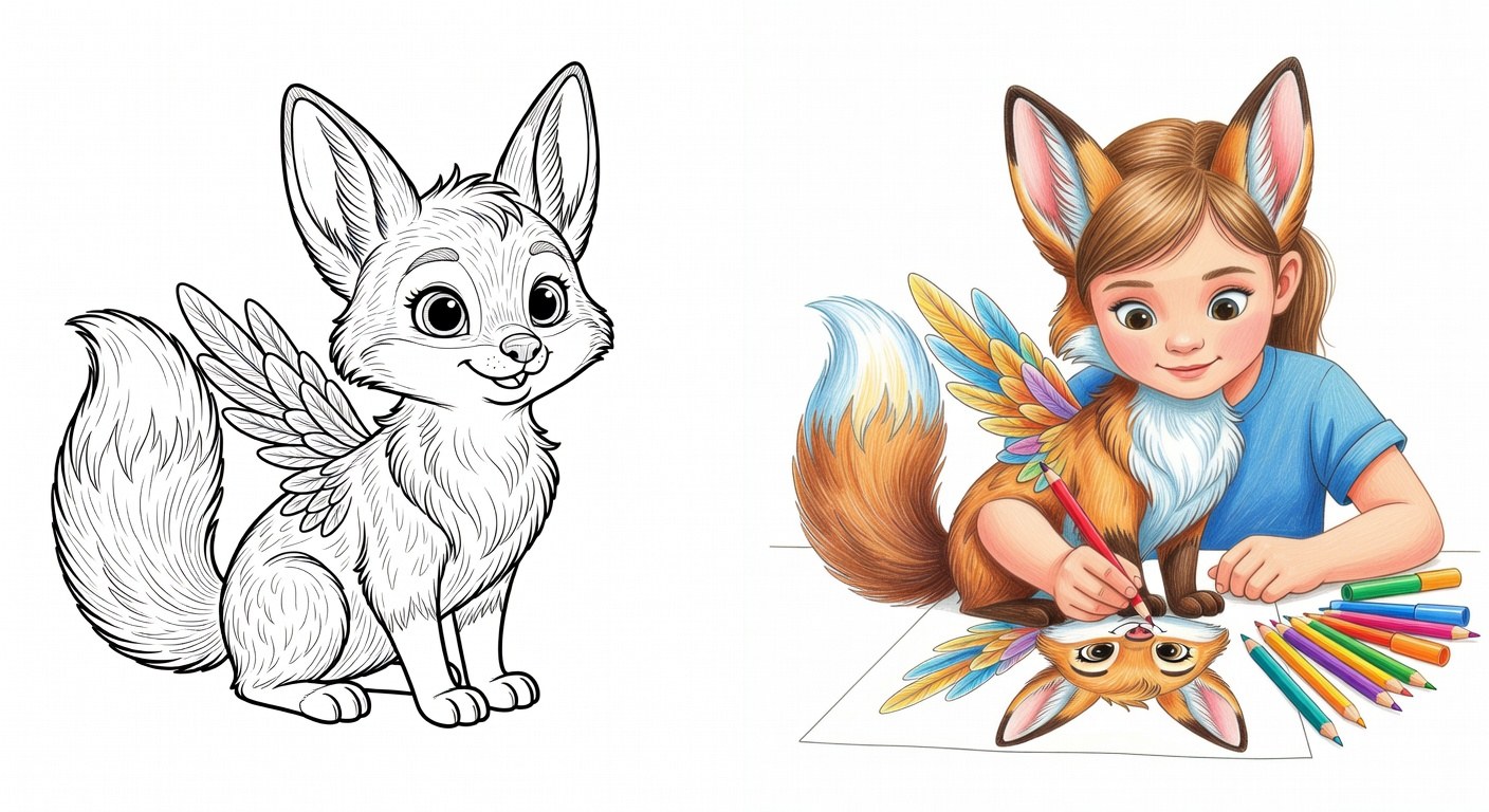 Criança colorindo desenho de animal com pelos, penas e olhos realistas