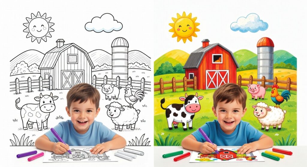 Criança colorindo desenho impresso com traços limpos e contraste nítido