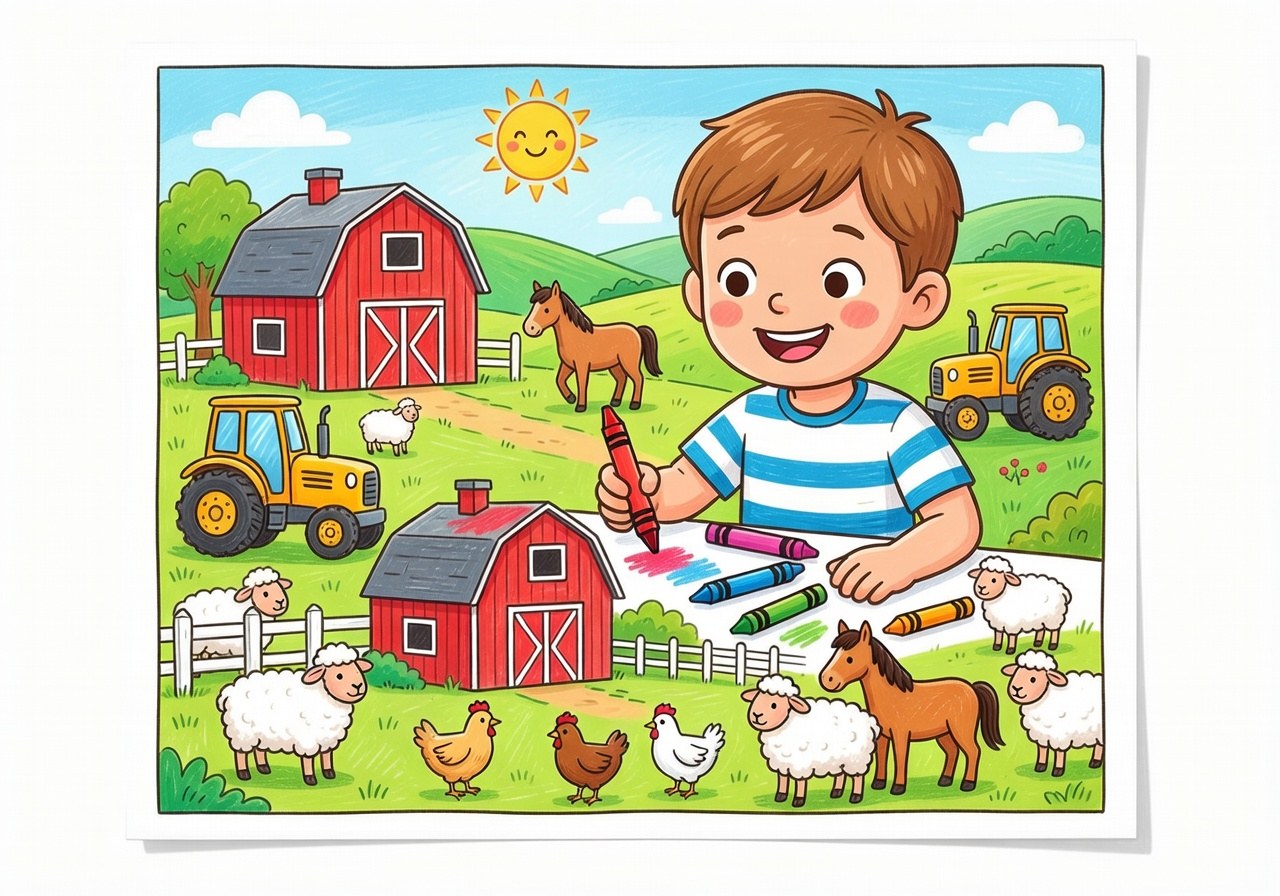 Desenho colorido de animais com cores vibrantes sobre papel impresso