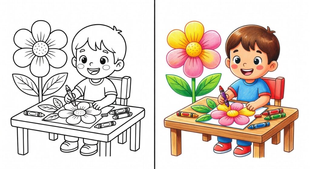 Criança colorindo desenho de flor com giz de cera