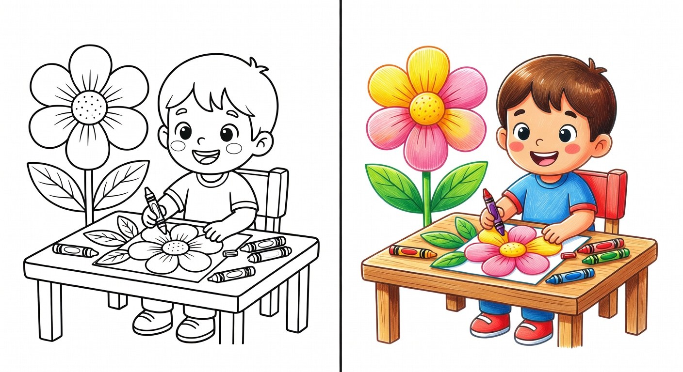 Criança colorindo desenho de flor com giz de cera