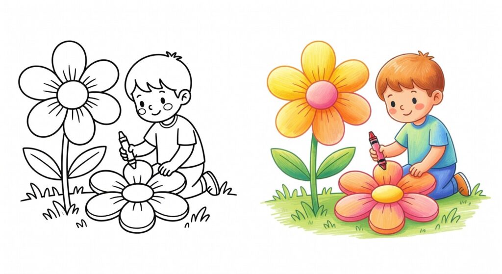 Criança aplicando técnica de degradê para colorir um desenho de flor